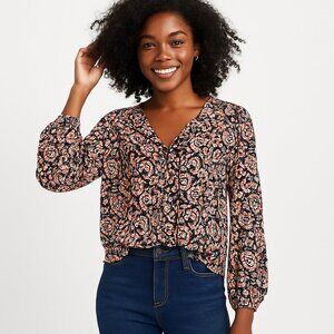 J.Crew XL Multicolor Paisley Floral V Neck Long Sleeve Boho Preppy Blouse Top